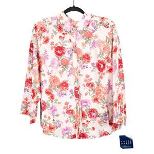 Floral Button Up Shirt XL Womens Floral Cream Red Pink Purple Valentines Day